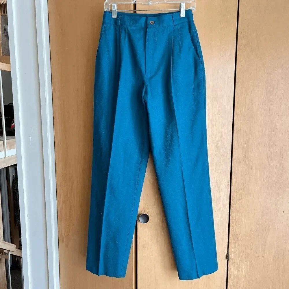 Vintage 80s Teal Wool Pleated Pants - Fully Lined, Deluxe Express